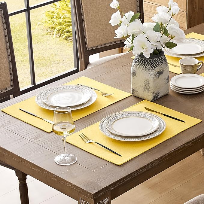 Romanstile Cloth Placemats Set of 4-12 x 18 Inch, Heat Resistant Double Layered Thickened Burlap Place Mats, Washable Faux Linen Farmhouse Table Mats for Kitchen/Dining/Party/Outdoor, Yellow