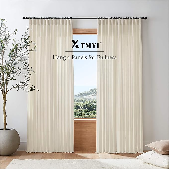 XTMYI Beige 100 Inches Long Country Curtains for Living Room,Sheer Linen Shabby Chic Curtains for Bedroom,50 Inches Wide