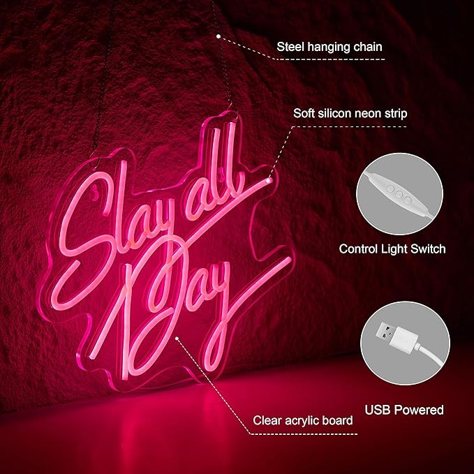 Slay All Day Neon Sign for Wall Décor Dimmable LED Neon Light USB Powered Neon Art signs for Pub Store Man Cave Party(17X13inches,Pink)
