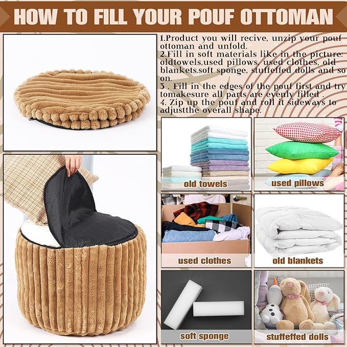 2 Pcs 20 x 15 Inch Unstuffed Pouf Cover Ottoman Foot Rest - No Filler, Faux Rabbit Fur Foot Stool Floor Bean Bag Floor Chair Storage for Living Room Bedroom Home Decor(Brown)