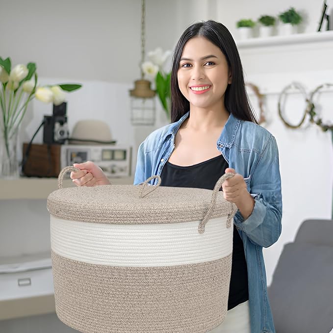 Laundry Basket with Lid, Woven Cotton Rope Laundry Hamper Foldable Storage Organizer Bin Blanket Basket for Comforter, Cushions, Clothes, Pillows, 20.5x20.5x15 Inch, Brown/White