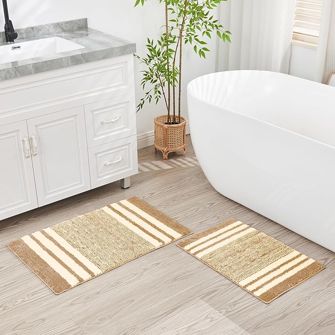CozeCube Beige Striped Bath mats for Bathroom Non Slip, Fluffy Absorbent Microfiber Bath mat Washable, Aesthetic Bathroom Rugs, Cute Bath mat for Sink, 24" x 16"