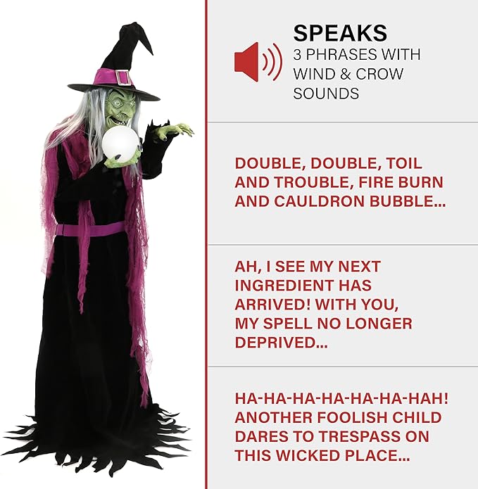 Haunted Hill Farm 6-Ft. Tall Fortune Teller Witch, Plug-in Motion-Activated Talking Scare Prop Halloween Animatronic for Indoor or Covered Outdoor Creepy Decorations