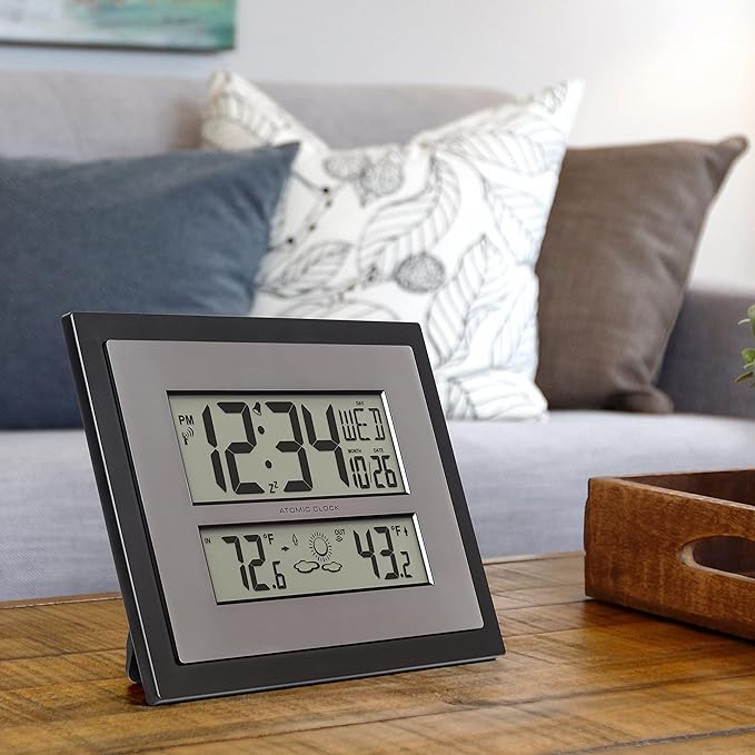 La Crosse Technology 512-85937-INT Atomic Digital Wall Clock with Temperature & Forecast in Gray/Silver