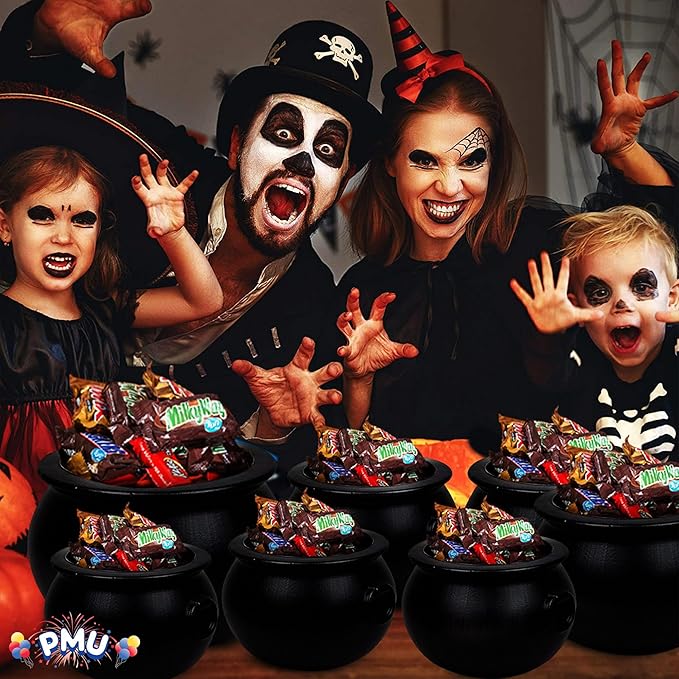 PMU 7pc Halloween Cauldron - Multi-Pack Assortment Plastic Candy Holder for Kids - Halloween Party Favors & Supplies - Black - (1) 16", (3) 8", (3) 6"