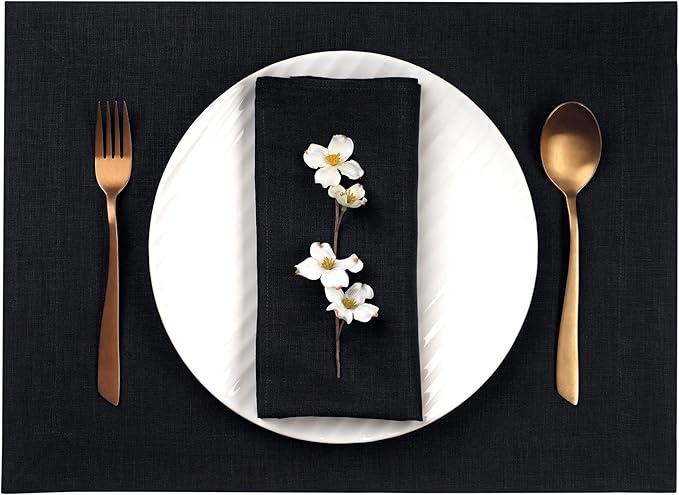 D'Moksha Homes Linen Black Placemats Set of 4-100% Pure Linen Placemats 14 x 19 Inch for Summer - Handcrafted and Machine Washable
