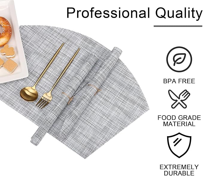 SHACOS Wedge Placemats Set of 4 Small Round Table Placemats Woven Vinyl Place Mats Non Slip Round Table Mats Wipe Clean, Gray White