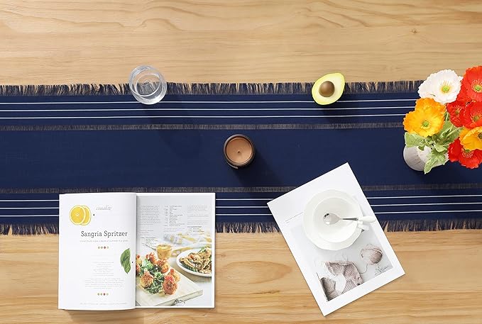 Chassic Farmhouse Style Table Runners, Rustic Boho 108 inches Long Table Runner for Dining Room,Holiday, Party and Wedding Tabletops Decor, 14 x 108 inch - Navy Blue