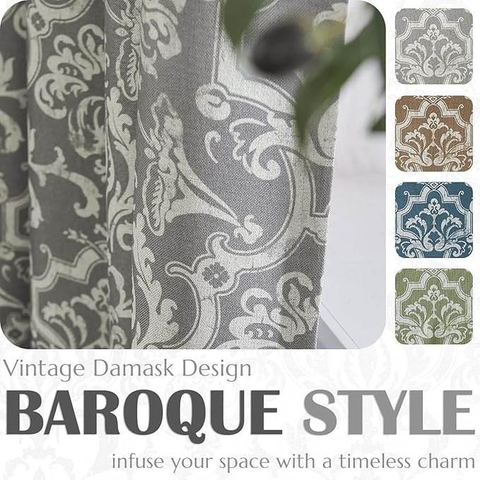 jinchan Room Darkening Curtains for Bedroom Grey Damask Patterned Curtains 96 Inch Length for Living Room Linen Textured Vintage 8FT Long Drapes Medallion Window Treatments Grommet Top 2 Panels Set