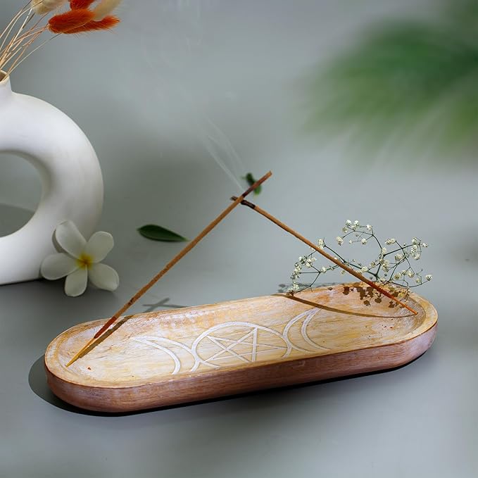 Hand Carved Incense Holder-Incense Burner/Ash Catcher/Handmade Wooden Insence Tray – Modern Gift Home/Room/Kitchen Décor Size 11x4x1.5 Inches