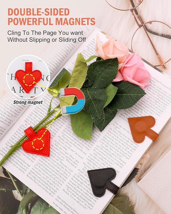 3Pcs Heart-Shaped Magnetic Leather Bookmarks - Romantic Heart Bookmarks, Faux Leather Book Mark with Double-Sided Magnets, Love Gifts for Women, Students, Reading Lovers (Red+Black+Brown)