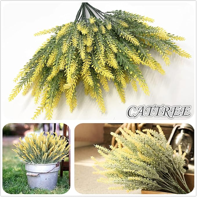 CATTREE Artificial Lavender, Plastic Plants Fake Flowers Bouquet Home Bridal Wedding Office Party Garden Balcony Indoor Outdoor DIY Centerpieces Arrangements Simulation Craft Decoration Yellow 4pcs
