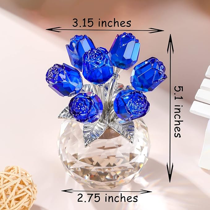 Blue Rose Flower Crystal Figurine with Vase, Bouquet Flowers Ornament Gifts for Wife Girlfriend Women , Handmade Crystal Flower Collectible Home Table Decor for Valentine's Day Wedding Anniversary