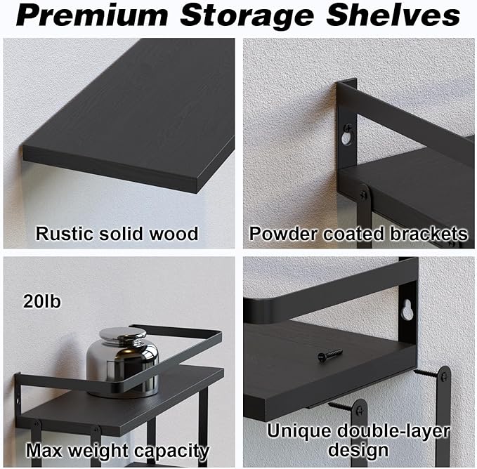 RICHER HOUSE Dual-Level Guardrail Floating Shelves, Rustic Wood Bathroom Shelf Wall Mounted, Over Toilet Paper Storage Shelves for Wall Decor, Bathroom Organizers - Black