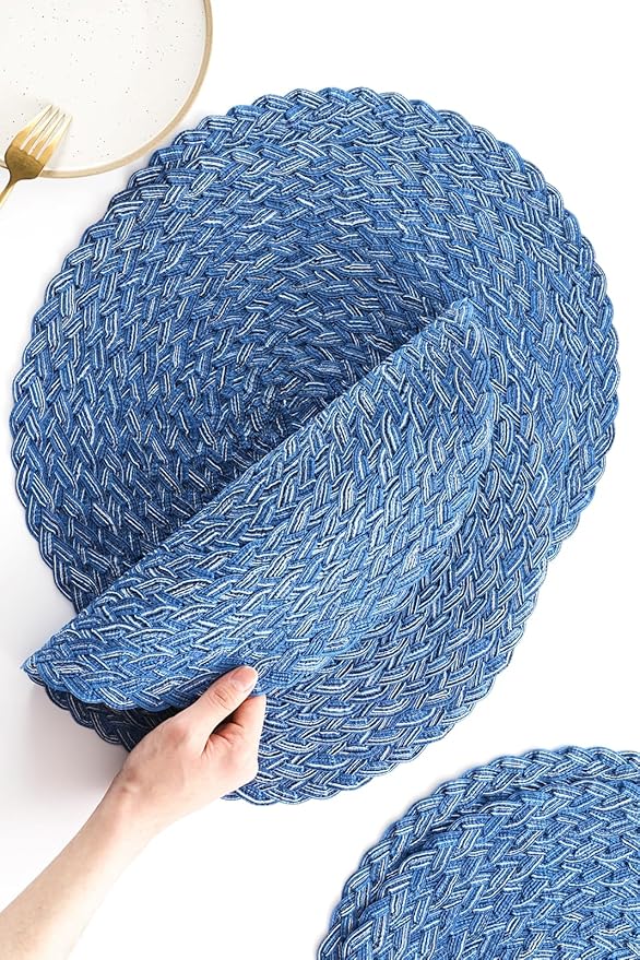 Floroom 15 Inch Round Braided Placemats Set of 6, Washable Heat Resistant Cotton Polyester Circle Boho Place Mats for Kitchen Dining Table - Seascape Blue