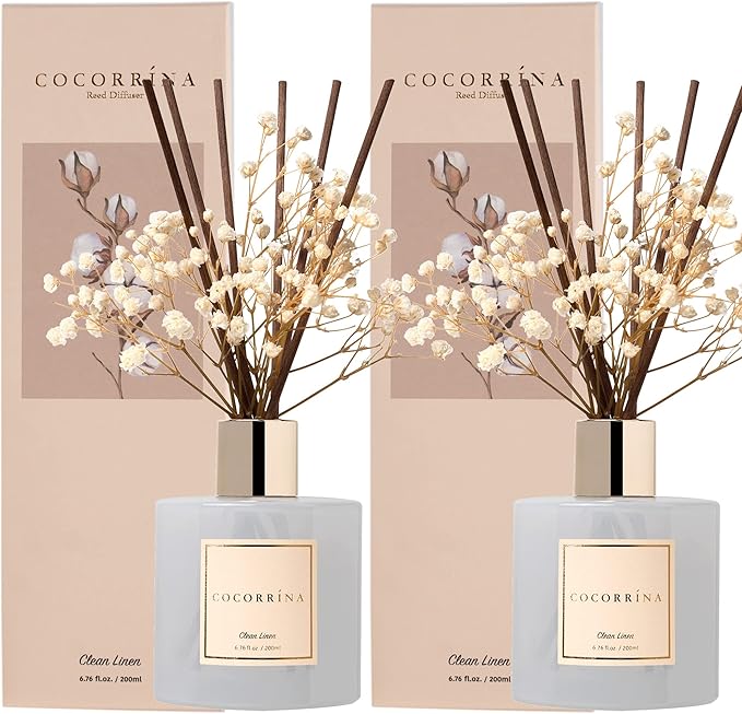 Cocorrína Reed Diffuser Set, 6.7 oz Clean Linen 2 Packs Scented Diffuser with Sticks Home Fragrance Reed Diffuser for Bathroom Shelf Decor