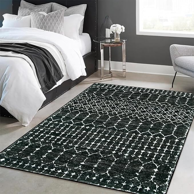 Lahome Moroccan Black Rug for Bedroom - Washable Area Rugs 4x6 Non-Slip Ultra-Thin Living Room Carpet Stain Resistant Throw Entryway Indoor Mat, Geometric Print Modren Carpet Rug for Office Kitchen