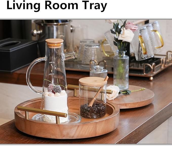 Set of 2 Wood Decorative Trays with Handles 12 Inch Round Decorative Tray for Room Decor, 2 in 1 Counter Decor Trays for Coffee Table,Round Tray for Storage and Display