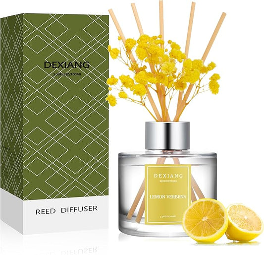 Lemon Verbena Reed Diffuser Set - 3.38 fl oz (100ml) Essential Oil with 6 Reed Sticks | Home & Bathroom Decor