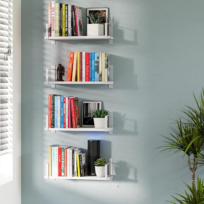 Wallniture Toledo 17" Floating Shelves for Wall, Bookshelf Living Room Decor, Kitchen Organization, Bathroom Shelves, 17" Office Wall Shelf Set of 4 White