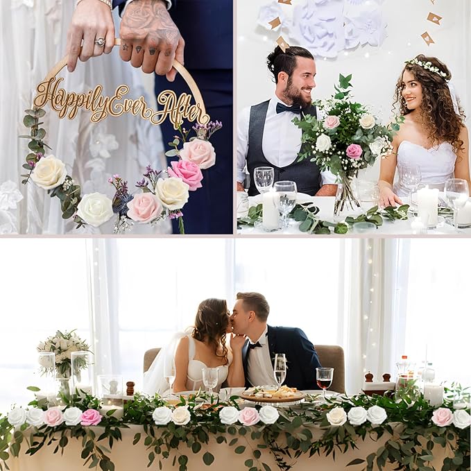 Artificial Flowers Pink Roses Real Looking Foam Fake Roses with Leaves and for DIY Wedding Bouquets Bridal Shower Centerpieces Party Decorations (Pink Series, 100)
