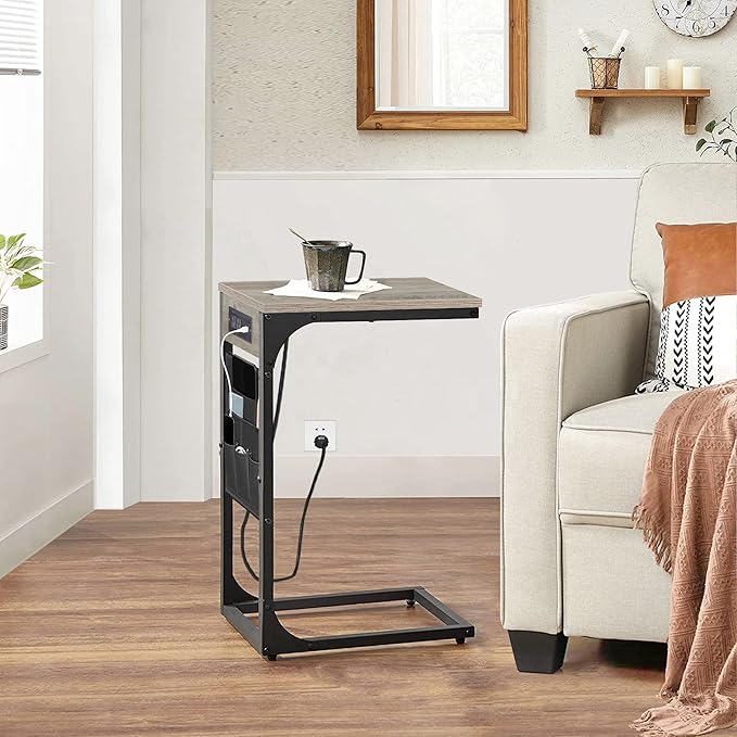 TUTOTAK C Shaped End Table with Charging Station, Side Table for Sofa, Couch Table with Storage Bag, Set of 2, TV Tray Table with 2 USB Ports and Outlets for Living Room, Bedroom, TB01BG0242