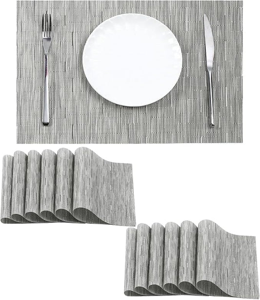 Leetaltree Silver Placemats Set of 12 - Heat Resistant Non-Slip Place mats for Dining Table, Washable Durable PVC Vinyl Woven Table Mats(Sliver, 12)