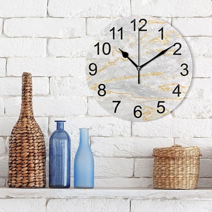 Gold White Marble Wall Clock Non Ticking Silent Kitchen Clock Large Battery Operated Clocks 10 inch for Living Room Bedroom Decor