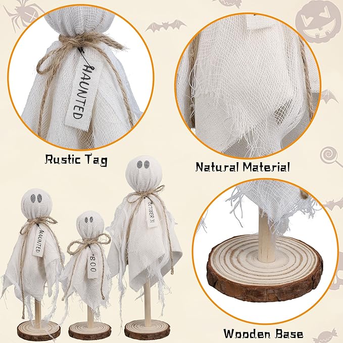 DR.DUDU 3 Pack Halloween Ghost Decor - Primitive Wooden Ghost Kit for Table Centerpiece Indoor Decorations, Spooky Cute Ghosts for Farmhouse Shelf Mantel Kitchen Home & Office Decor
