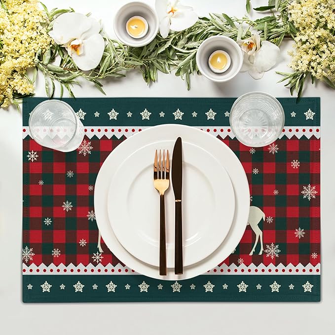 Christmas Elk Snowflakes Placemats Set of 4 for Dining Table,Xmas Reindeer Red Green Buffalo Plaid Washable Table Mats Placemats for Winter Kitchen Holiday Coffee Place Mat 18 x12 Inch