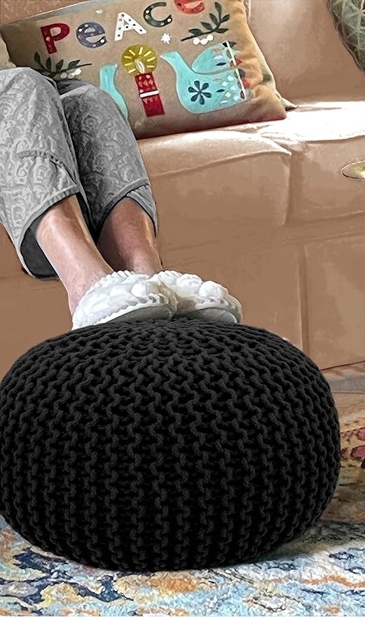 COTTON CRAFT Round Pouf - Hand Knitted Cotton Braid Cord Cable Dori Ottoman - Foot Stool - Floor Pouf Footrest Accent Seat Furniture Bean Bag - Living Room Kids Room Nursery Dorm Décor - 20x14 - Black