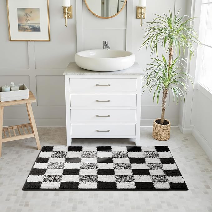 GRANNY SAYS Checkered Black Bathroom Rugs, 36" x 24", Non-Slip Bath Mats for Bathroom, Plush Shag Absorbent Microfiber Ultra Soft Bath Mat, Cute Washable Rug for Tub, Shower, Bedroom