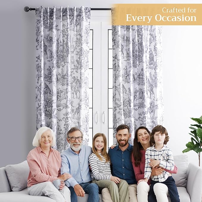 Maison d' Hermine Curtains for Living Room 100% Cotton 96 inch Length One Panel Light Filtering Toile Curtains with Rod and Loop Pockets (The Miller Paloma Gray (White Background), 50" W x 96" L)