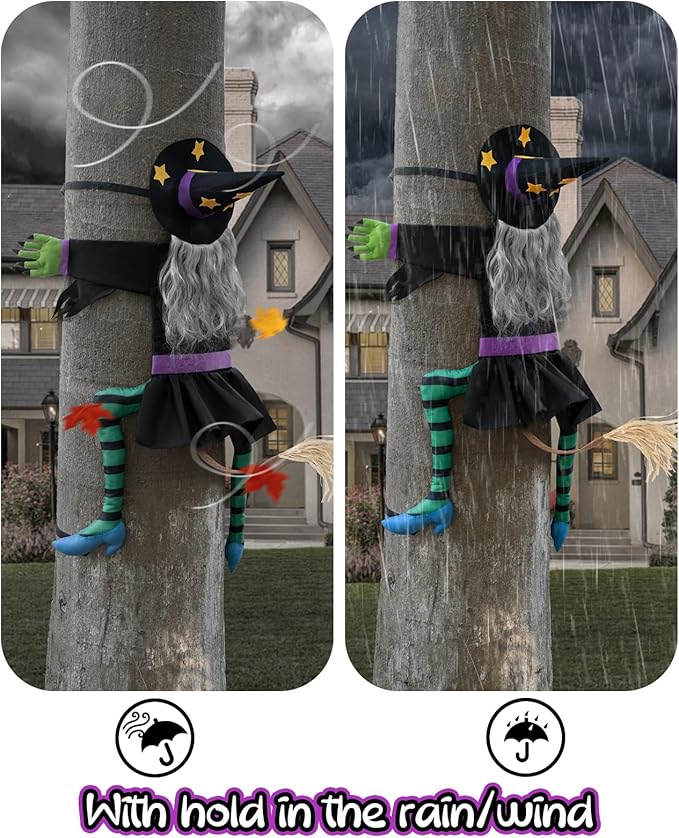 Crashing Witch for Halloween Decorations Outdoor: Hilarious Witch Decor with Adjustable Band for Tree Porch Door