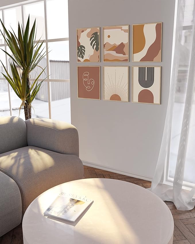 HAUS AND HUES Boho Prints Neutral Wall Art - Set of 6 Boho Art Prints Mid Century Modern Wall Art | Bohemian Artwork for Wall Aesthetic Decor (Beige Frame, 16x20)
