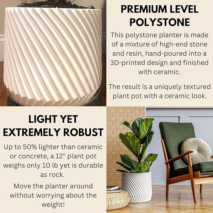Fox & Fern Large 12 Inch Planter with Drainage Plug — Premium Polystone White Plant Pot; Modern Planter with 3D Texture and Ceramic Finish; 12 Inch Pots for Plants Indoor & Outdoor