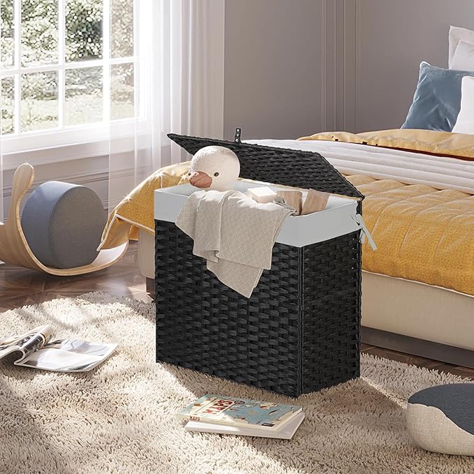 Greenstell Laundry Hamper with Lid, 125L Large Clothes Hamper with 3 Section & 2 Section Removable Liner Bags & 5 Mesh Laundry Bags, Handwoven Synthetic Rattan Divided Laundry Basket, Black