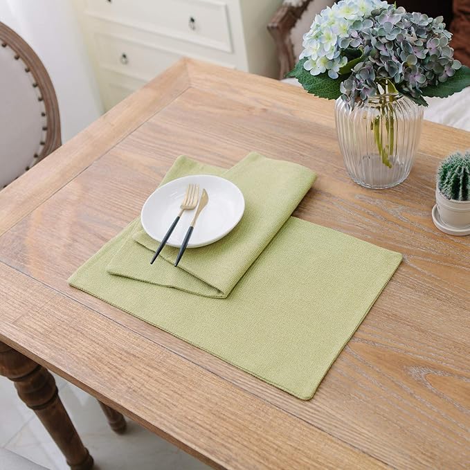 Set of 4,Soft Caddice Faux Linen 2 Side Place Mats Heat Resistant Dining Table Place Mats Kitchen Table Mats 12 x 18 Green