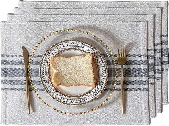 Placemats Set of 4 for Dining Table, Woven Cloth Place Mats for Kitchen Tabletop Décor, Handcrafted Machine Washable Cotton Table mats 13 x 19 Inch, Grey and Beige