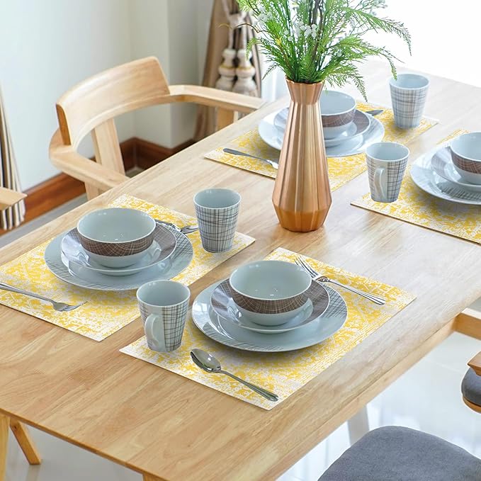 Gray Yellow Boho Placemats Set of 4 Ethnic Bohemian Carpet Place Mats Washable Kitchen Dining Vintage Grey Geography Floral Linen Table Mats Stain Heat-Resistant Cloth Tabel for Home Party 12x18 in