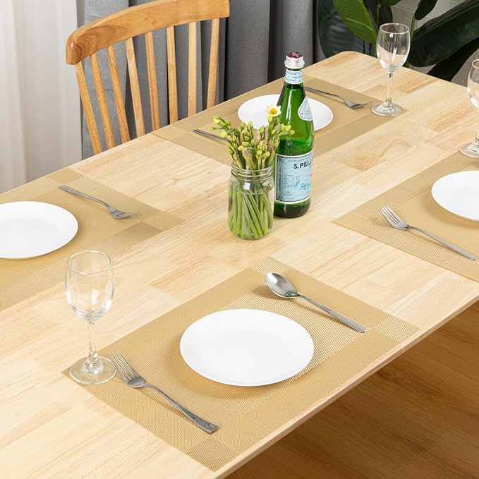 Winknowl Placemats, Set of 8 Heat Resistant Stain Resistant Woven Vinyl Insulation Place mats, Durable Washable Elegant Table Mats for Dining (Golden)