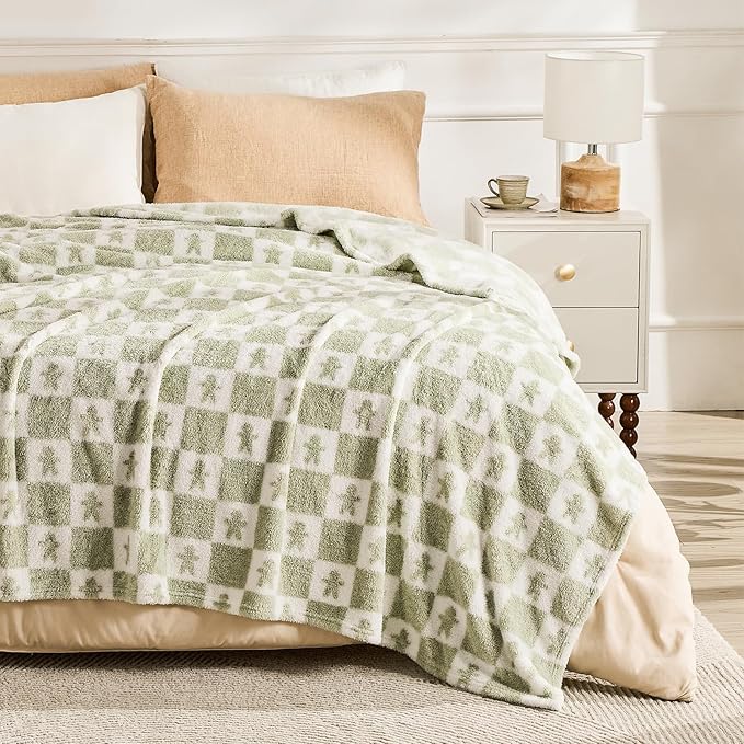 EMME Checkered Blanket Twin Size - 60"x80" Green Knit Blanket Soft Fluffy Patterned Throw Blankets for Couch, Sofa, Chair, Bed, Camping, Picnic, Travel