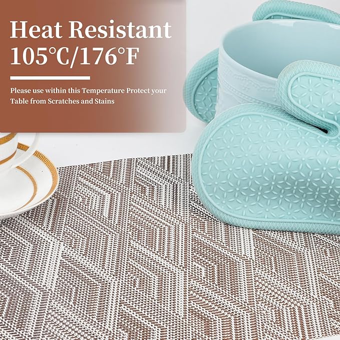 Vinyl Plastic Placemats Set of 6 Washable Heat Resistant Non-Slip Elegant Indoor Outdoor Kitchen Dining PVC Woven Table Place Mats (Brown Rhombus)
