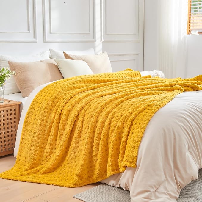 NEWCOSPLAY Super Soft King Blanket Yellow Premium Silky Flannel Fleece 3D Waffle Checkered Lightweight Bed Blanket All Season Use (Mustard Yellow, King(90"x110"))
