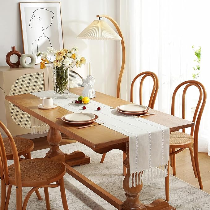 Rustic Farmhouse Style Linen Table Runner, Boho Handmade Fringe Braided Stripe Table Runners 60 Inches Long for Holiday Party, Wedding and Dining Decorations, 13 inchW X 60 inchL - Ivory