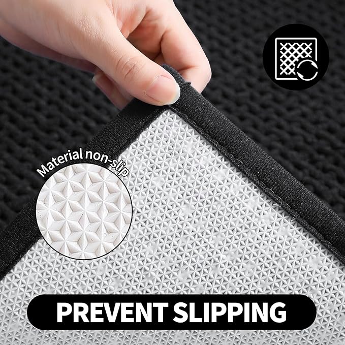 Washable Bathroom Rugs: 24x16 Black Bath Mat – Non Slip Chenille Bathmat for Bathroom Floor & Shower