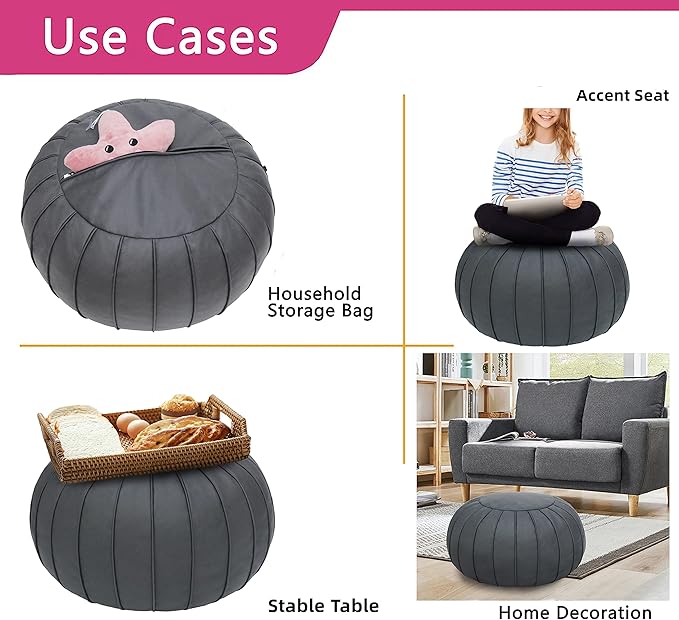 Thgonwid Handmade Storage Pouf Ottoman Foot Stool - Faux Suede Round Floor Cushion 21.6"x13" for Living Room, Bedroom, Wedding Decor, Unstuffed (Deep Grey)