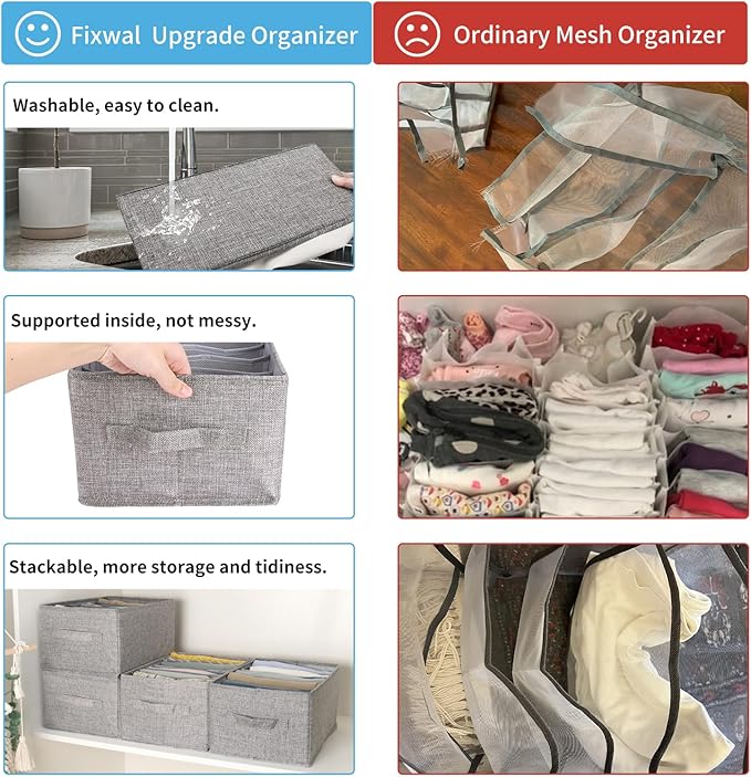 Fixwal 4pcs Wardrobe Clothes Organizer with Board Closet Organizers and Storage 7 Grids Divider Organizers Washable Compartment Storage Bins for Jeans T-shirt Pants Legging