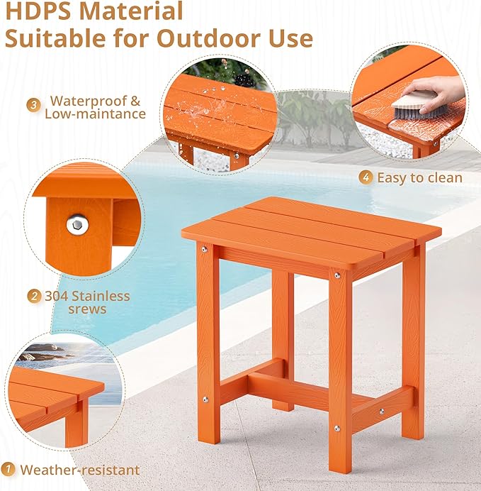 LUE BONA Outdoor Side Table, HDPS Small Outdoor Table, Adirondack Side Table, Outside End Table for Patio, Porch, Deck, Pool, Weather Resistant/Easy Maintenance/Indoor or Outdoor Use, Orange