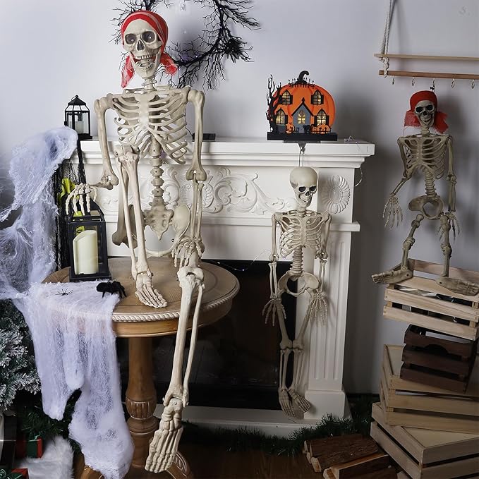 yosager 2 Pcs Halloween Skeleton Decorations, 5.4ft & 3ft Pose-N-Stay Life Size Skeleton with Glowing Eye, Human Bones Full Body Realistic with Posable Joints, Pose Skeleton Prop, Haunted House Decor